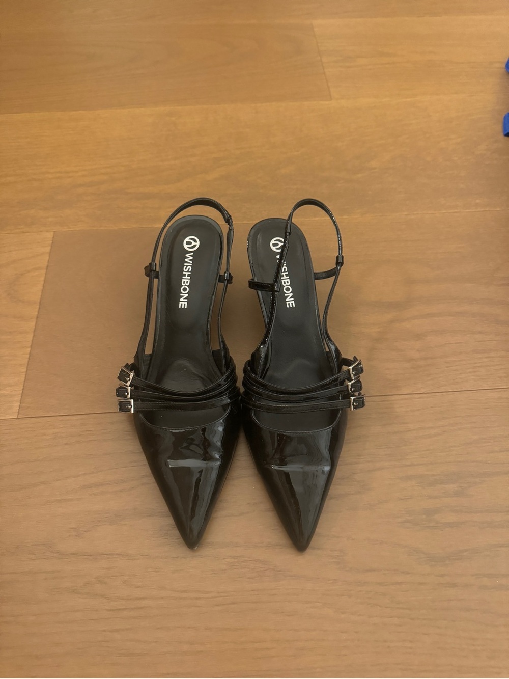 Wishbone Black Patent Pointed Slingback Heels with Buckle Straps